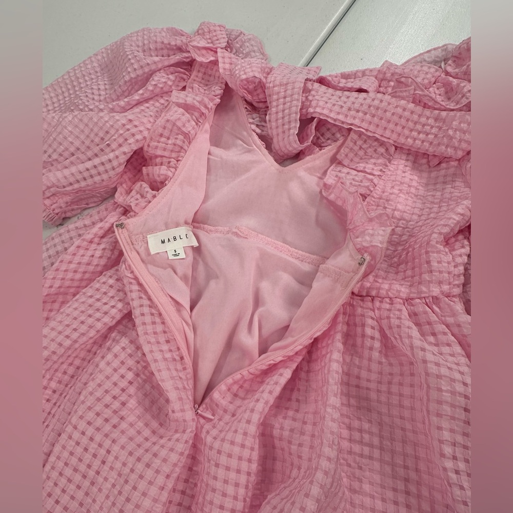 Mable Pink Gingham Puff Sleeve Ruffle Tie Back Mini Dress Coquette Romantic S - Picture 10 of 13